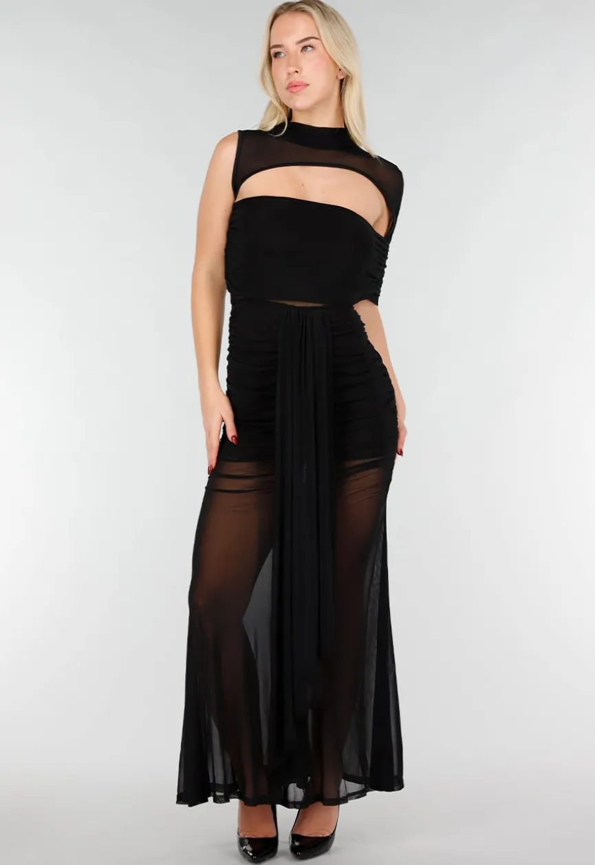 Zwarte Mesh Maxi Jurk met Cut-Out