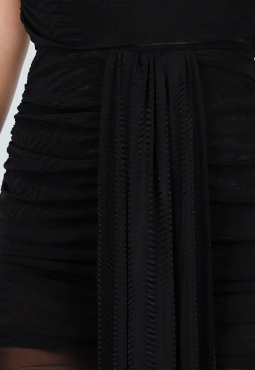 Zwarte Mesh Maxi Jurk met Cut-Out