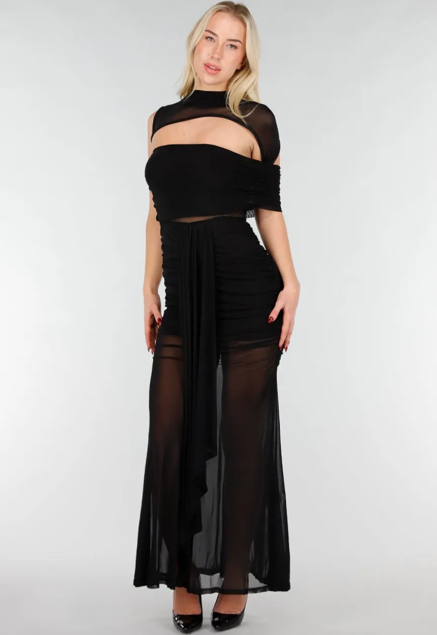 Zwarte Mesh Maxi Jurk met Cut-Out