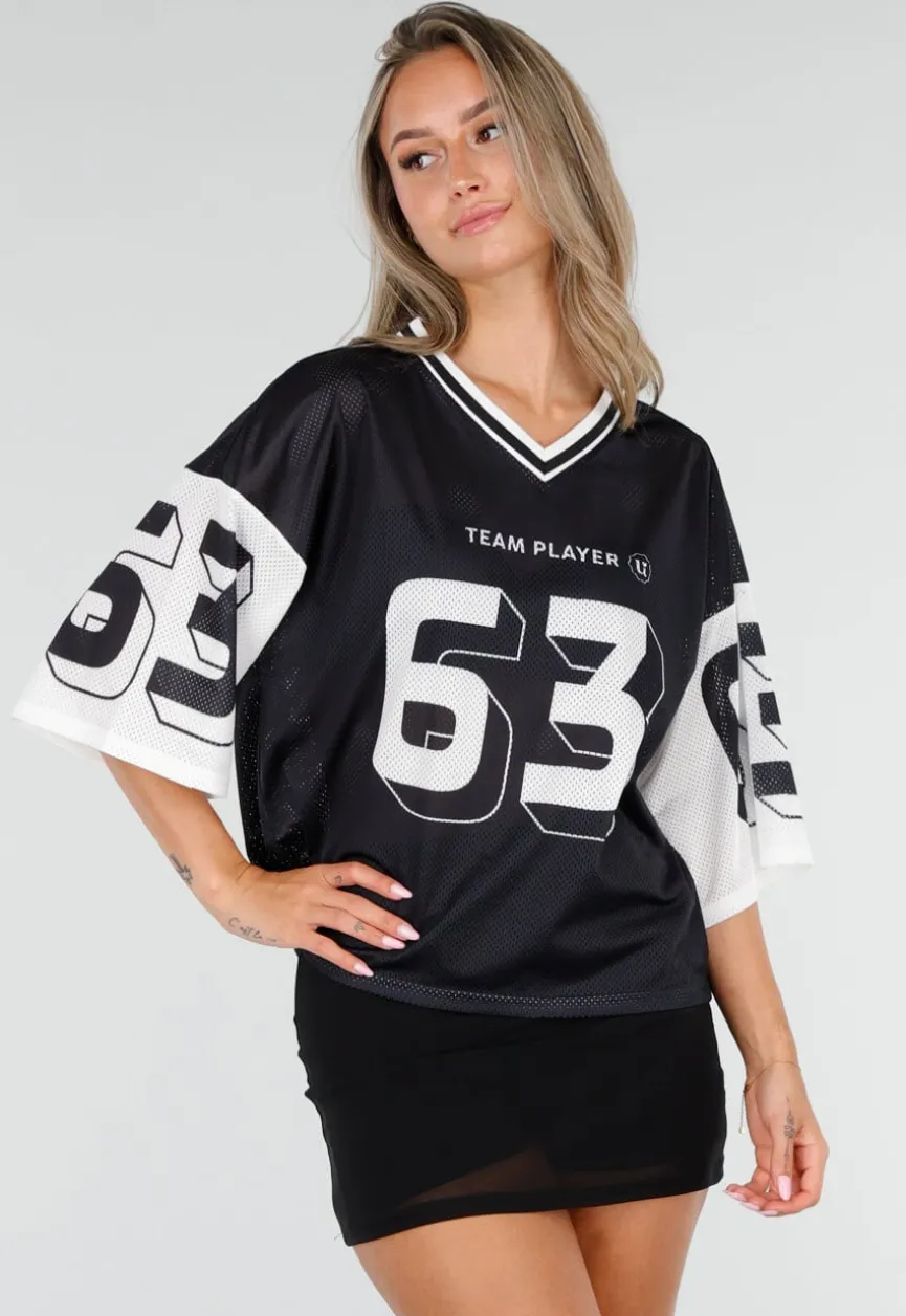 Zwarte Mesh Oversized Stretch Jersey T-Shirt met V-Hals