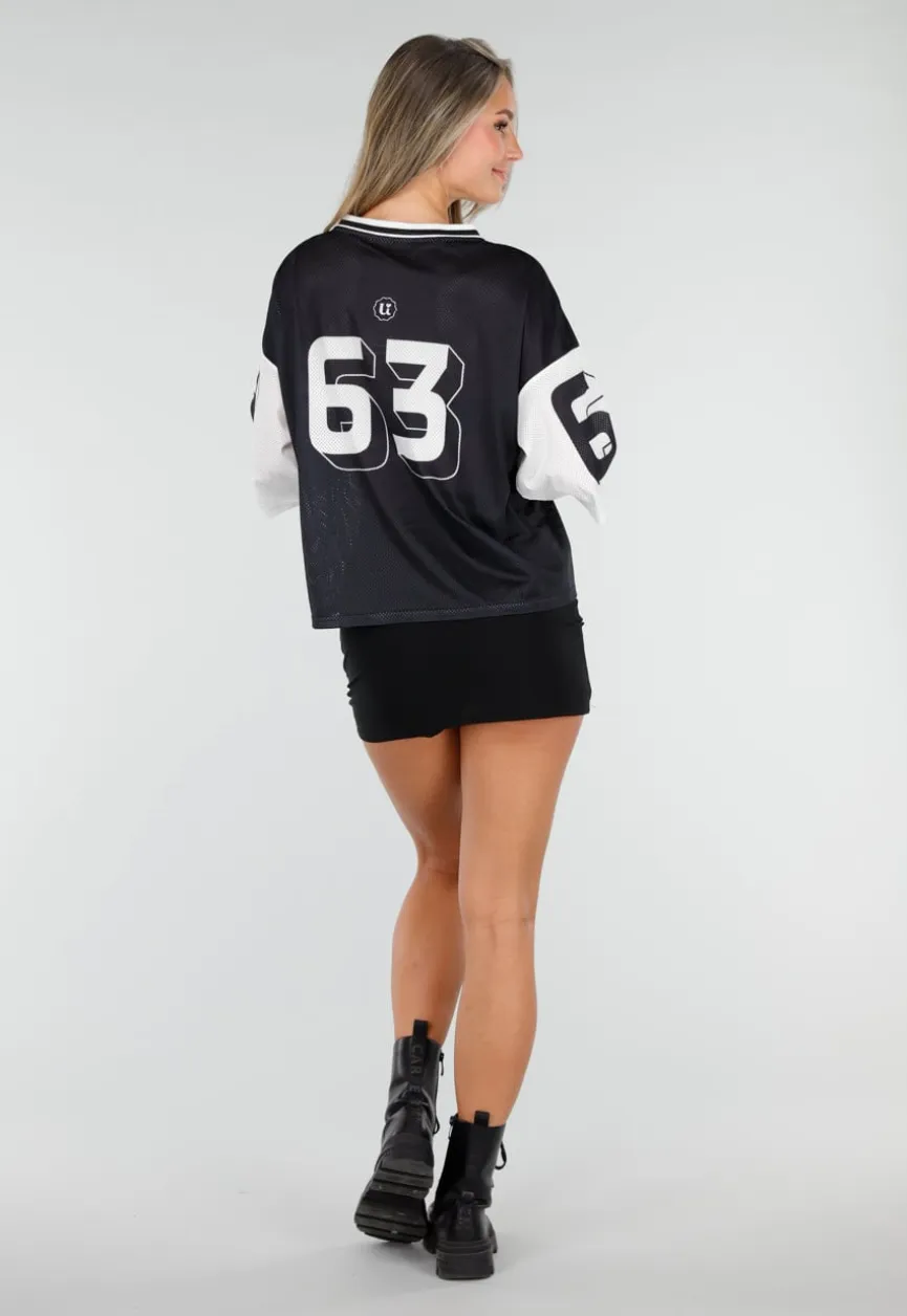 Zwarte Mesh Oversized Stretch Jersey T-Shirt met V-Hals