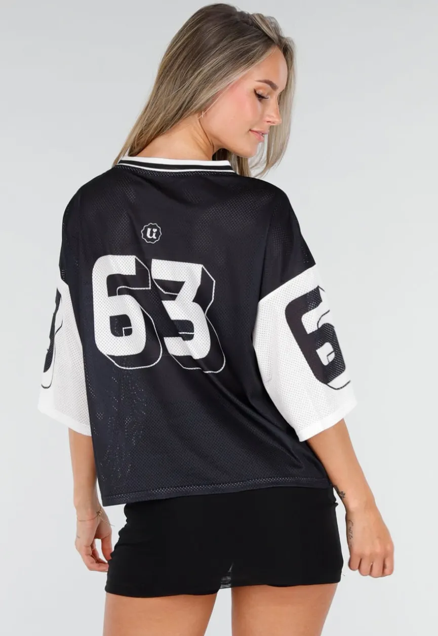 Zwarte Mesh Oversized Stretch Jersey T-Shirt met V-Hals
