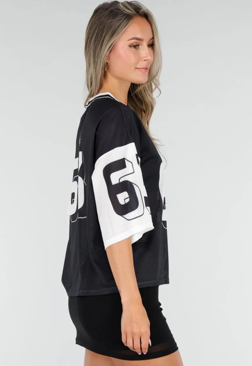 Zwarte Mesh Oversized Stretch Jersey T-Shirt met V-Hals