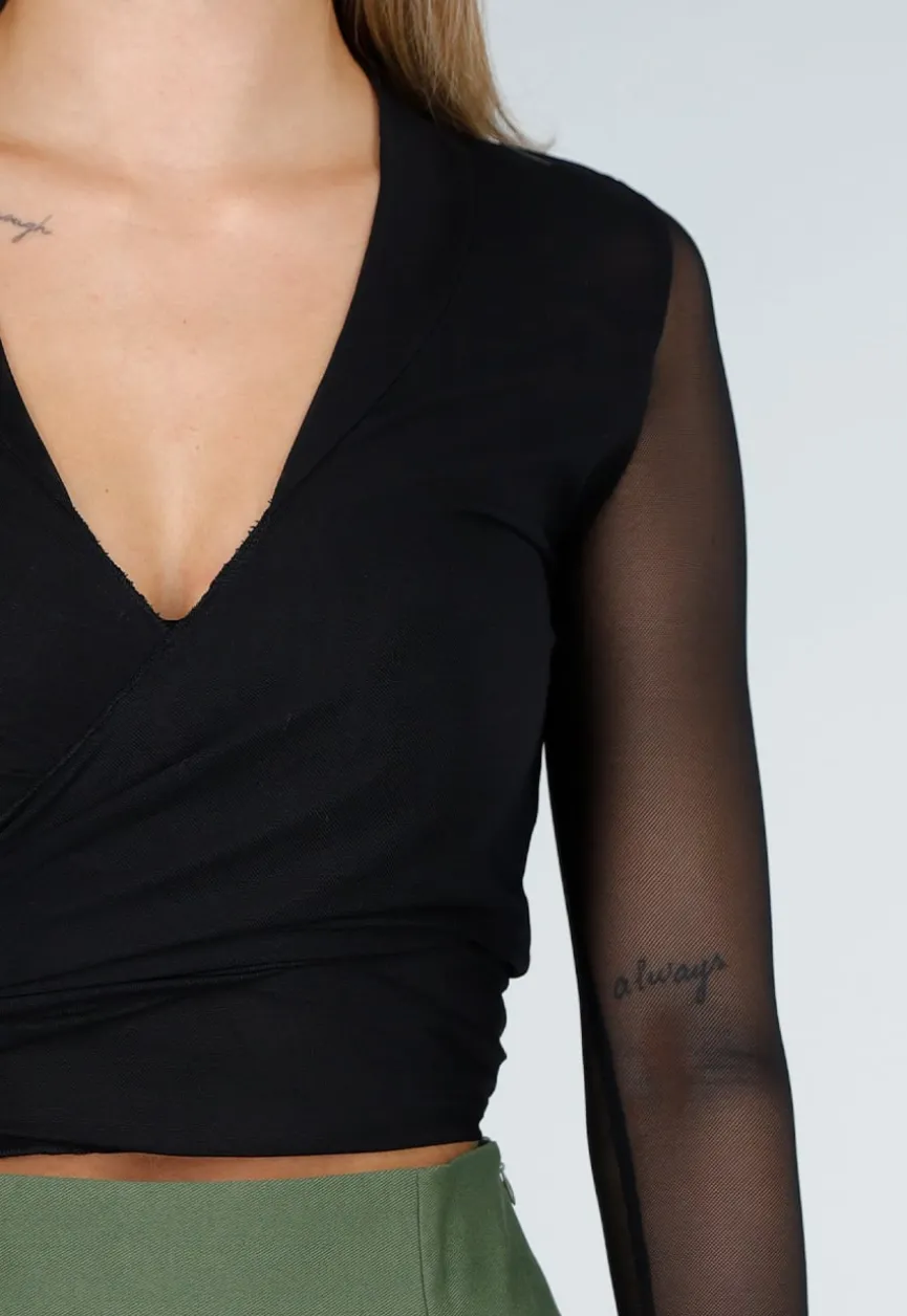Zwarte Mesh Overslag Top met Strikdetail