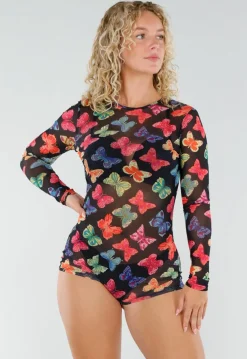 Zwarte Mesh Playsuit met Vlinderprint en Open Rug