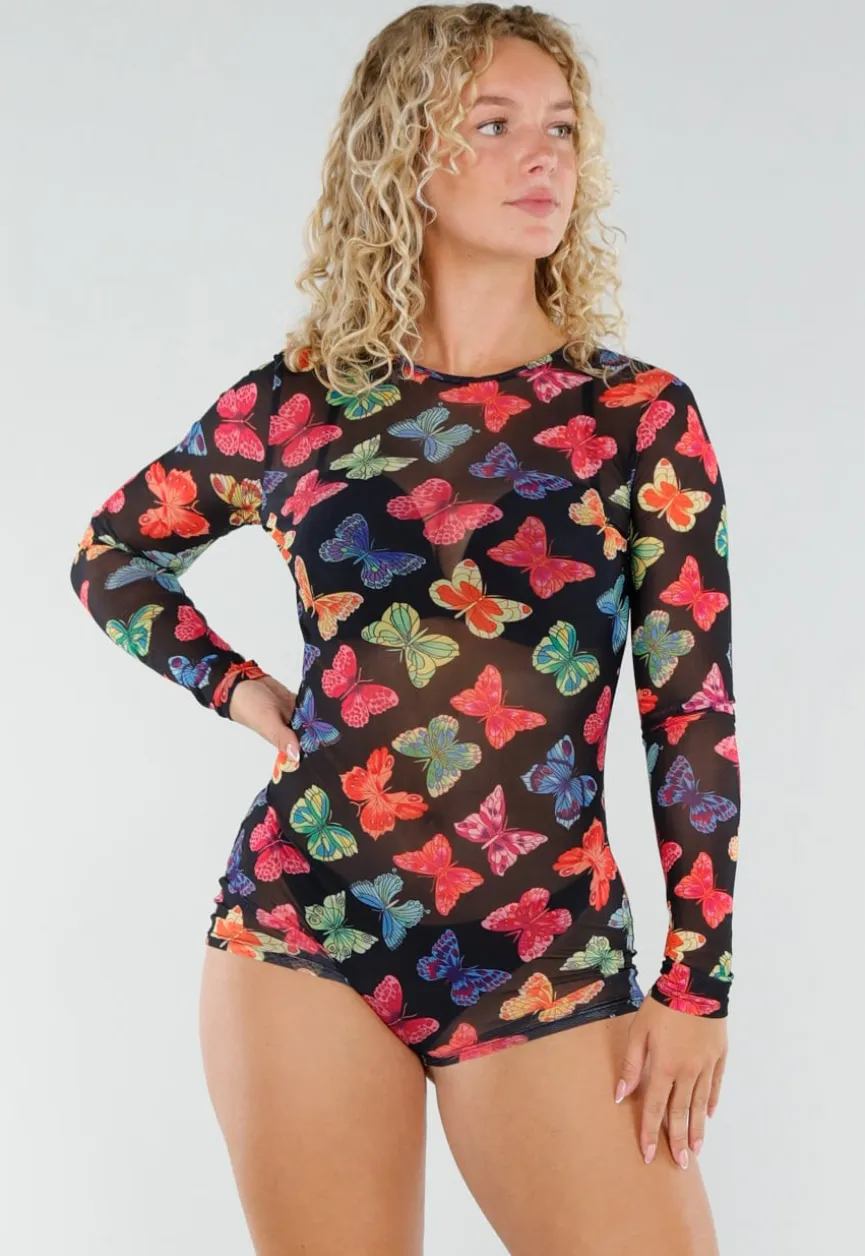 Zwarte Mesh Playsuit met Vlinderprint en Open Rug