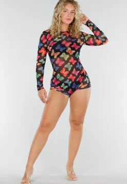 Zwarte Mesh Playsuit met Vlinderprint en Open Rug