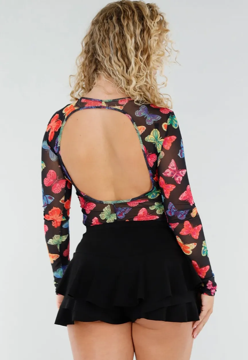 Zwarte Mesh Playsuit met Vlinderprint en Open Rug