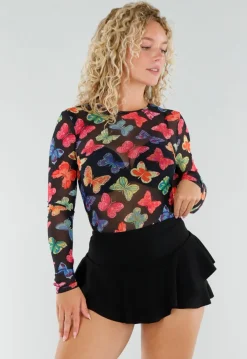 Zwarte Mesh Playsuit met Vlinderprint en Open Rug
