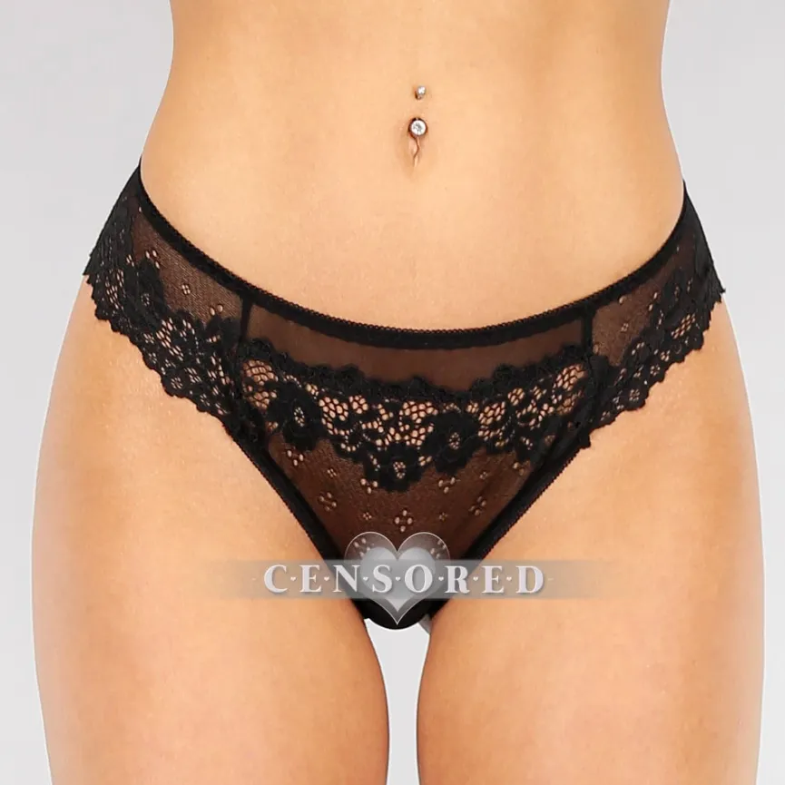 Zwarte Mesh String met Kanten Details
