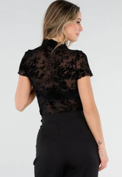 Zwarte Mesh Top met Bloempatroon en Stretch