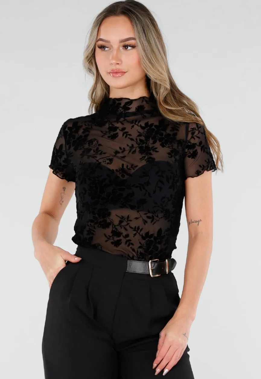 Zwarte Mesh Top met Bloempatroon en Stretch