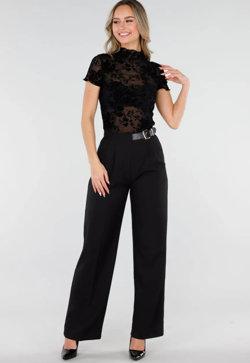 Zwarte Mesh Top met Bloempatroon en Stretch
