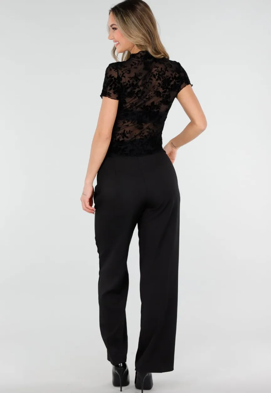 Zwarte Mesh Top met Bloempatroon en Stretch