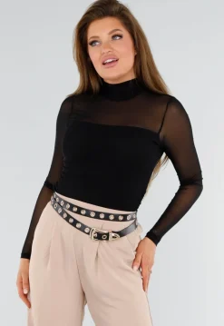 Zwarte Mesh Top Met Hoge Hals en Lange Mouwen