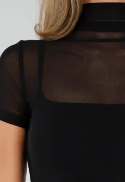 Zwarte Mesh Top met Hoge Hals en Pads