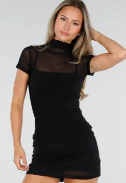 Zwarte Mesh Top met Hoge Hals en Pads
