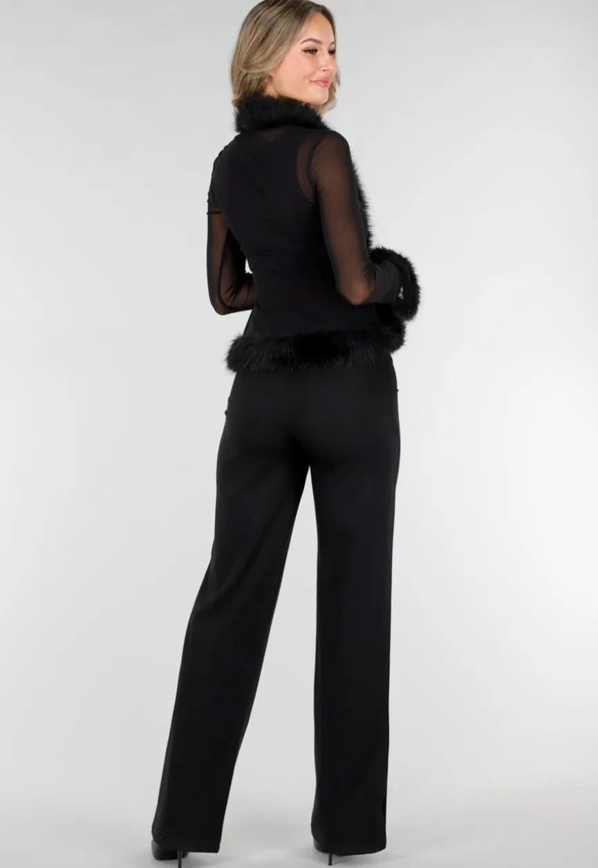 Zwarte Mesh Top met Imitatiebont