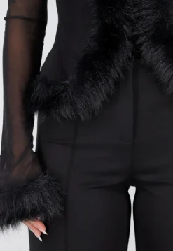 Zwarte Mesh Top met Imitatiebont