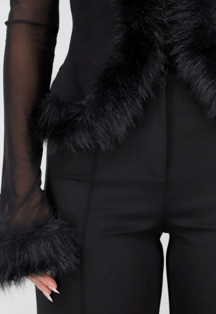 Zwarte Mesh Top met Imitatiebont