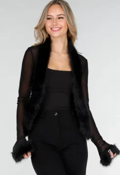 Zwarte Mesh Top met Imitatiebont