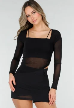 Zwarte Mesh Top met Ingewerkte Pads en Stretch