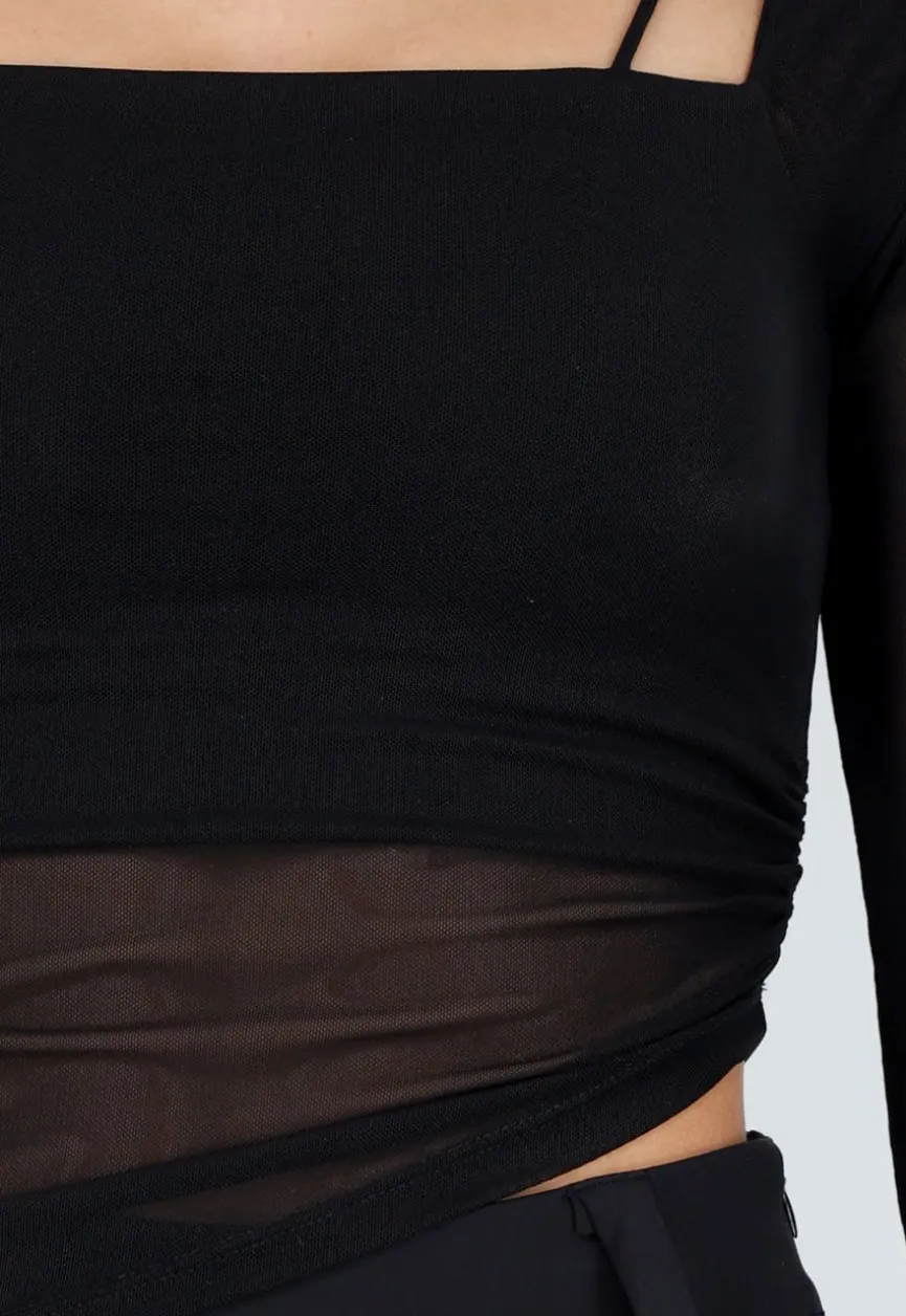 Zwarte Mesh Top met Ingewerkte Pads en Stretch