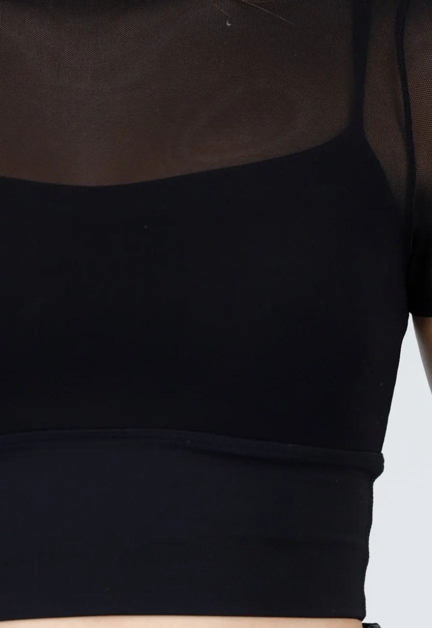 Zwarte Mesh Top met Ingewerkte Pads en Stretch