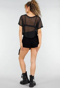 Zwarte Mesh Top met Korte Mouwen en Stretch
