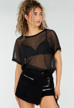 Zwarte Mesh Top met Korte Mouwen en Stretch