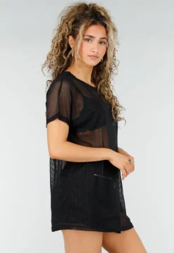 Zwarte Mesh Top met Korte Mouwen en Stretch