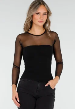 Zwarte Mesh Top met Lange Mouwen en Ingebouwde Pads