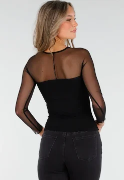 Zwarte Mesh Top met Lange Mouwen en Ingebouwde Pads