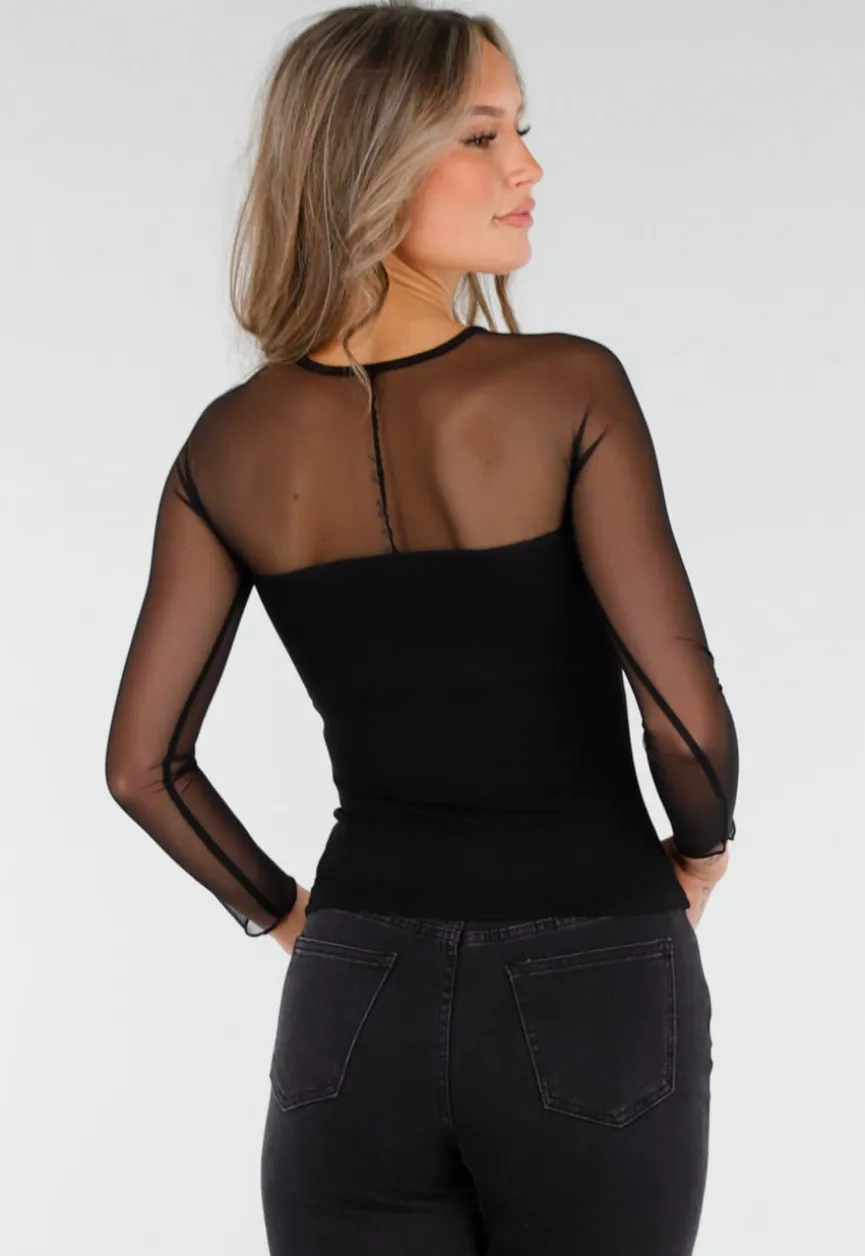 Zwarte Mesh Top met Lange Mouwen en Ingebouwde Pads