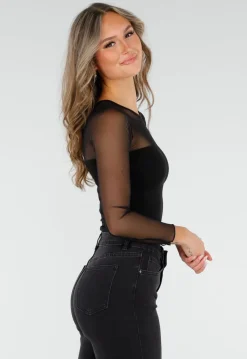 Zwarte Mesh Top met Lange Mouwen en Ingebouwde Pads