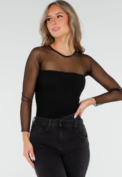 Zwarte Mesh Top met Lange Mouwen en Ingebouwde Pads
