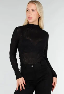 Zwarte Mesh Top met Lange Mouw