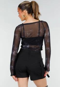 Zwarte Mesh Top met Lange Mouwen en Abstracte Print