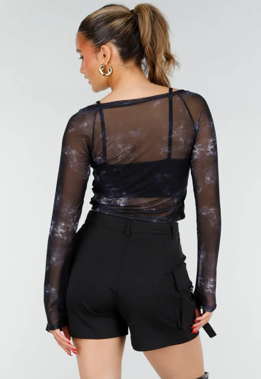 Zwarte Mesh Top met Lange Mouwen en Abstracte Print