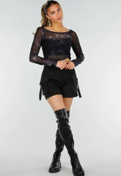 Zwarte Mesh Top met Lange Mouwen en Abstracte Print