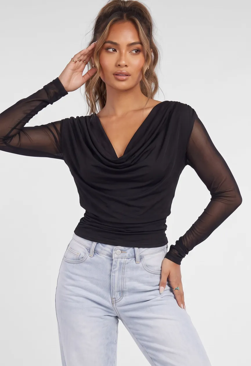 Zwarte Mesh Top met Lange Mouwen en Diepe Watervalhals