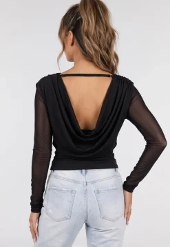 Zwarte Mesh Top met Lange Mouwen en Diepe Watervalhals