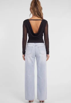 Zwarte Mesh Top met Lange Mouwen en Diepe Watervalhals