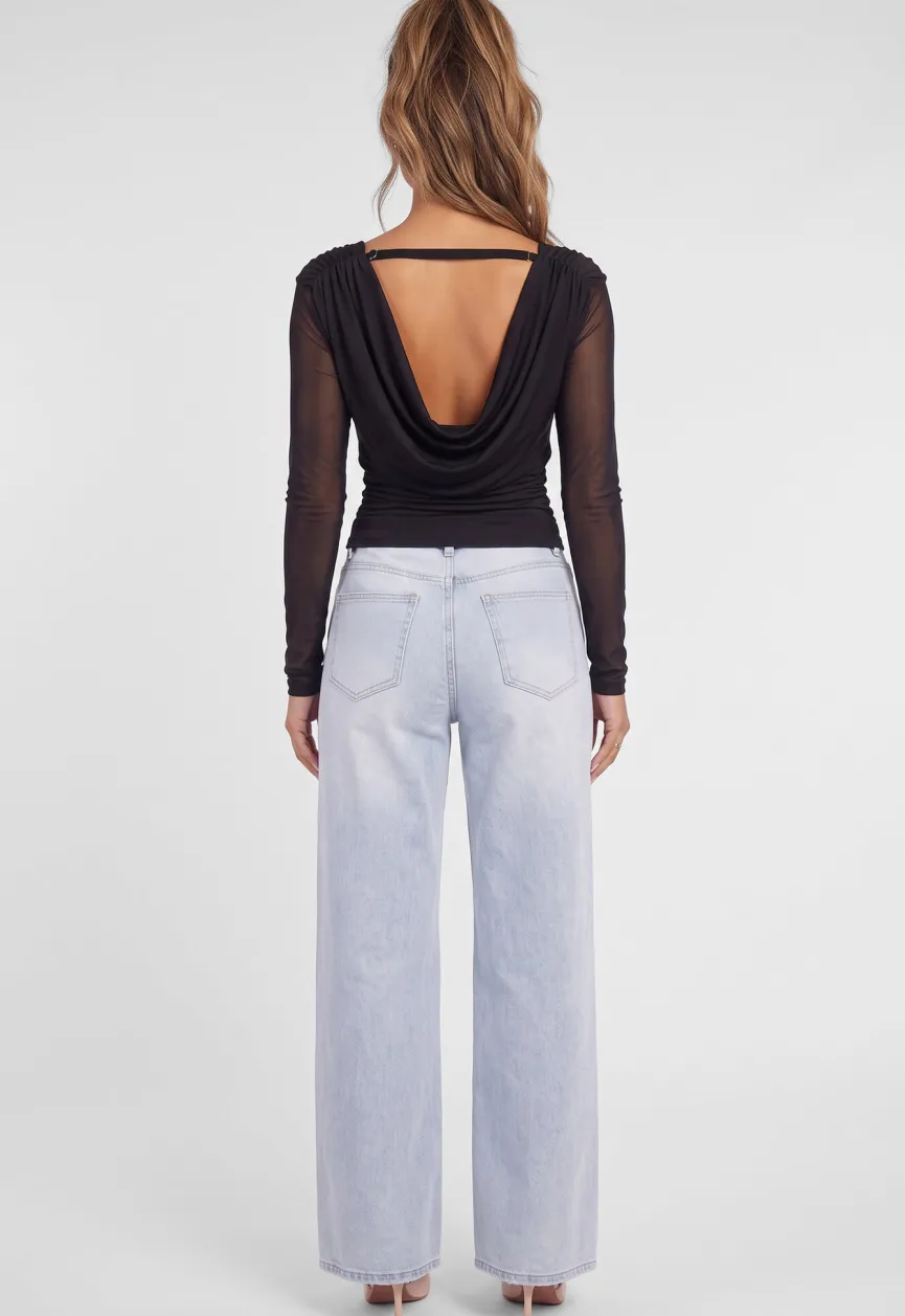 Zwarte Mesh Top met Lange Mouwen en Diepe Watervalhals