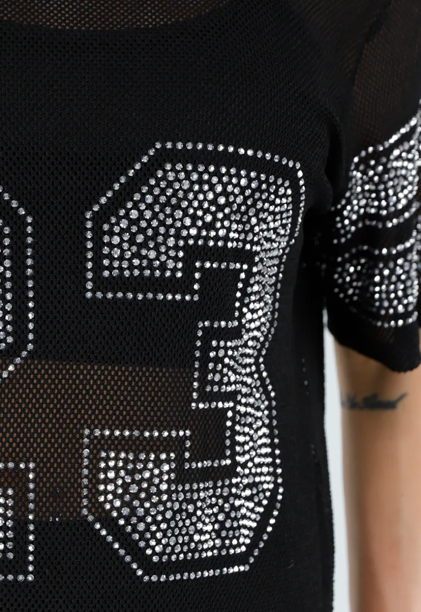 Zwarte Mesh T-Shirtjurk met Zilveren Glitters en Nummerprint
