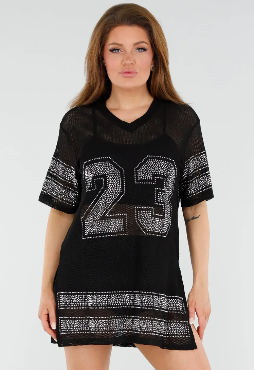 Zwarte Mesh T-Shirtjurk met Zilveren Glitters en Nummerprint