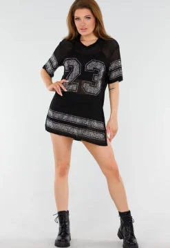 Zwarte Mesh T-Shirtjurk met Zilveren Glitters en Nummerprint