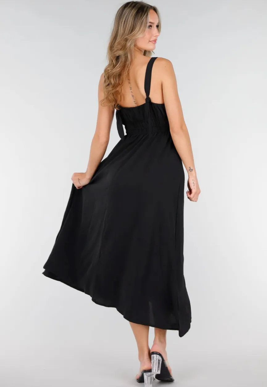 Zwarte Midi Jurk met Brede Bandjes en Stretch