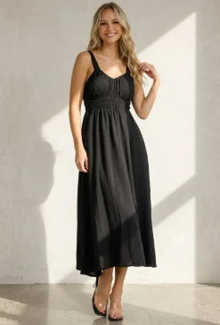 Zwarte Midi Jurk met Brede Bandjes en Stretch