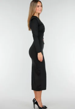 Zwarte Midi Jurk met Lange Mouwen en Goudkleurige Ringdetail
